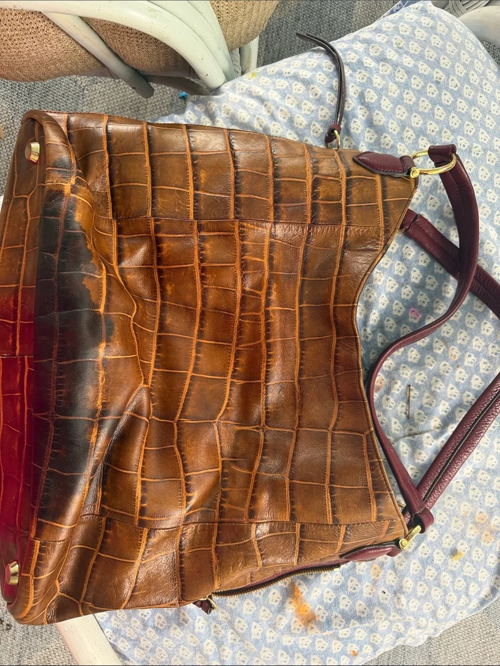 G.I.L.I. Brown Croc-Embossed Leather Shoulder Bag with Burgundy Strap
